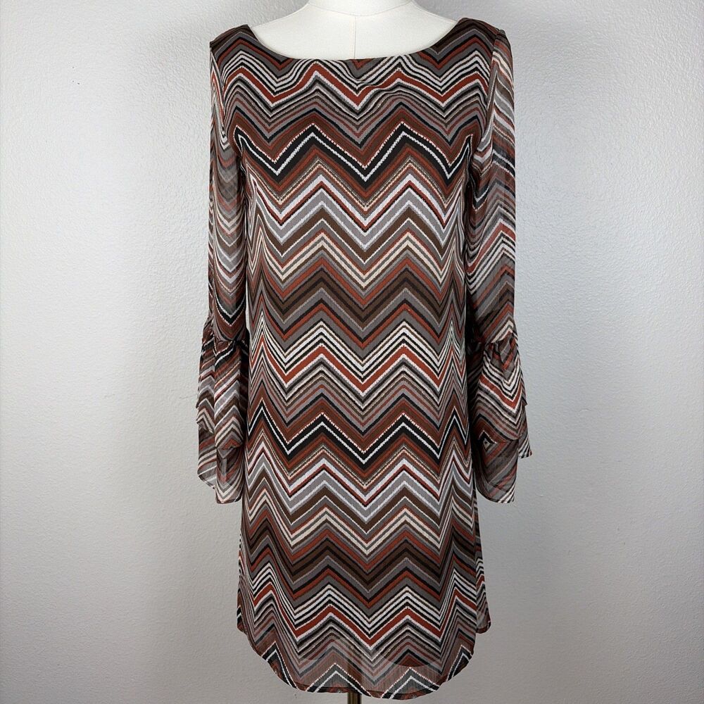 Vintage Y2K Bell Sleeve Zig Zag Mini Shift Dress Small Open Back Fit Brown Retro